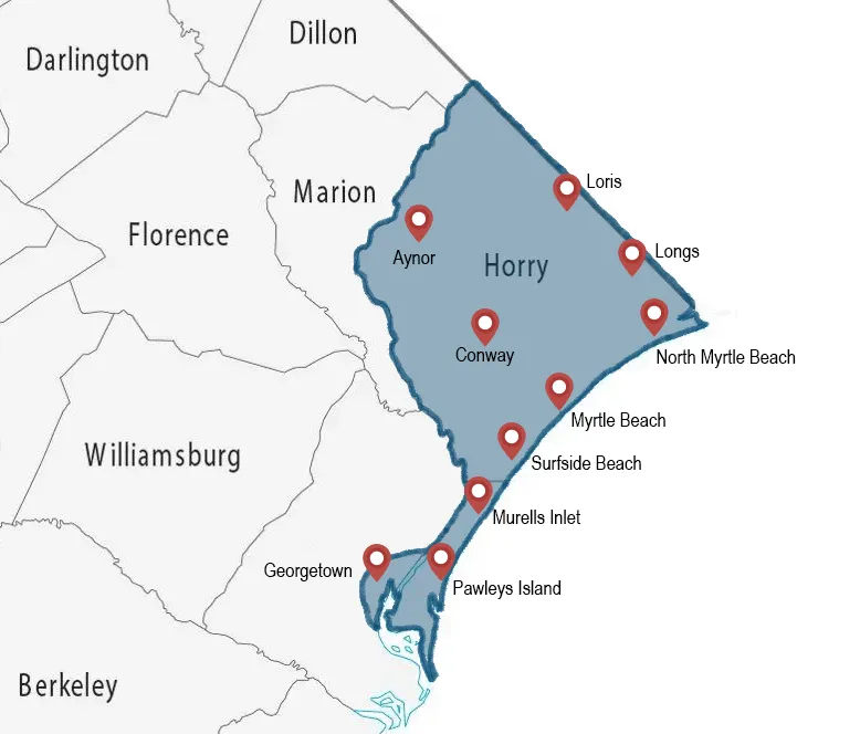 hcc-serivcemap-v2 Horry Carpet Cleaning proudly services all of Horry County, plus Murrells Inlet, Surfside Beach, Pawleys Island, and Georgetown, SC.